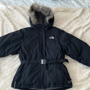 North face black puffer jacket with faux fur hood and belt